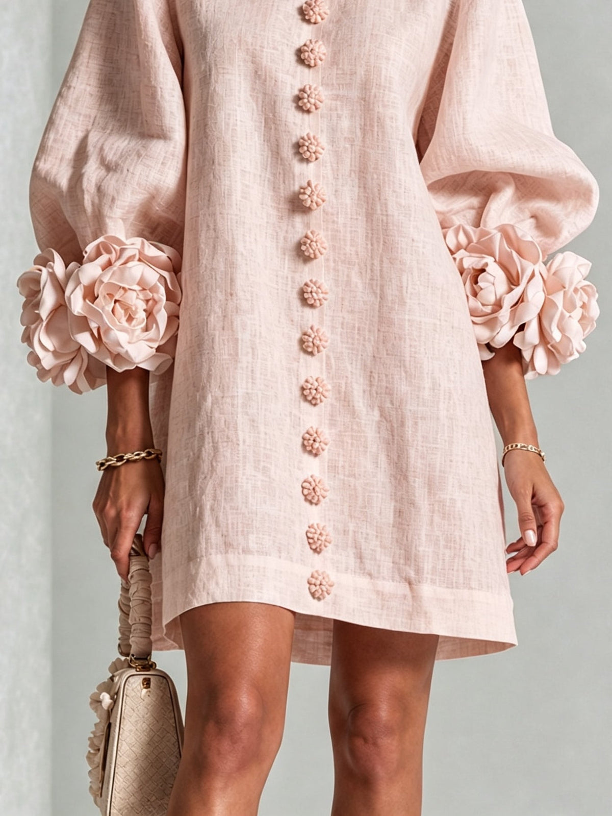 Lorraine | Pink Floral Button-Down Mini Dress with Floral Cuffs