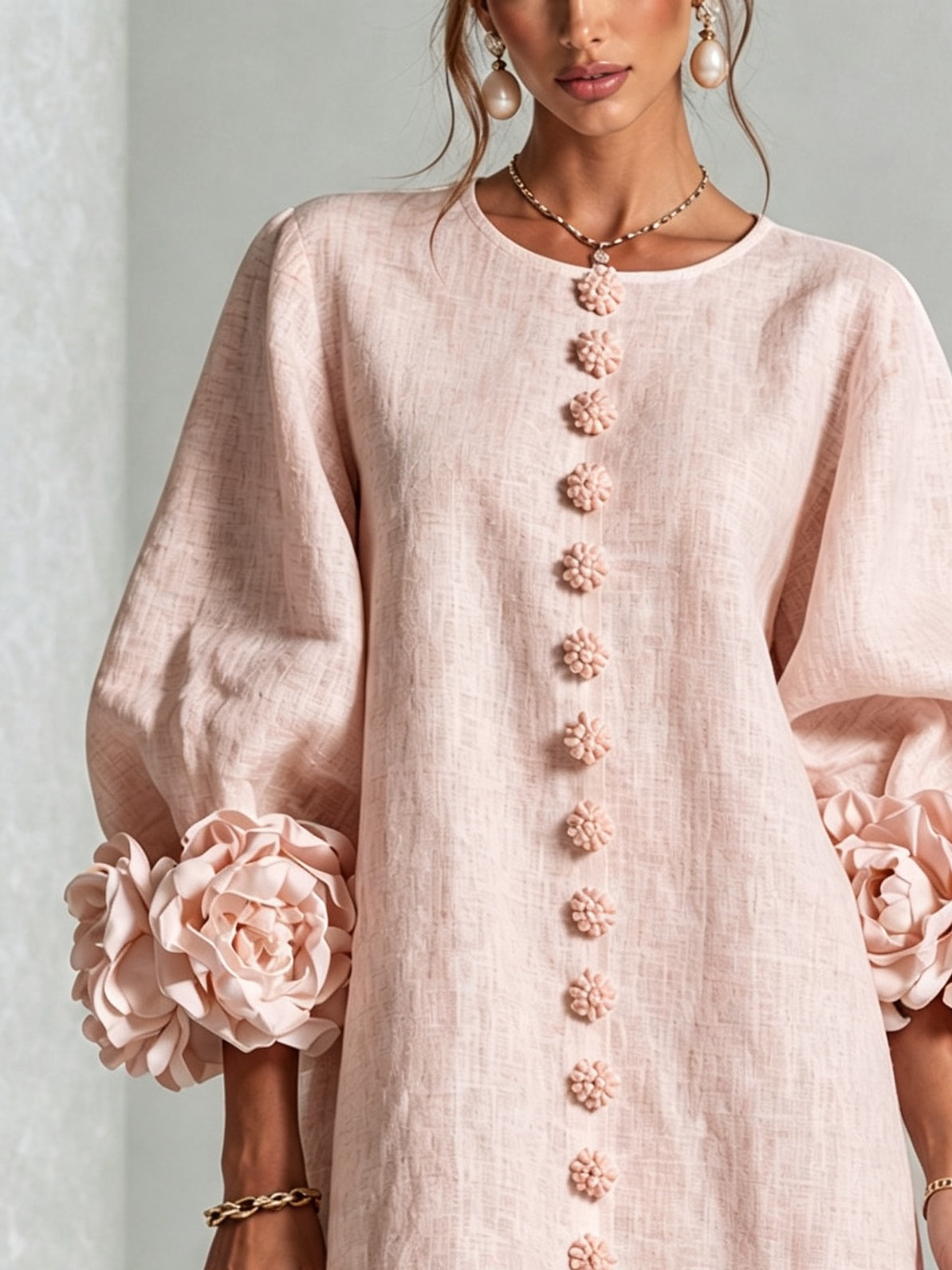 Lorraine | Pink Floral Button-Down Mini Dress with Floral Cuffs