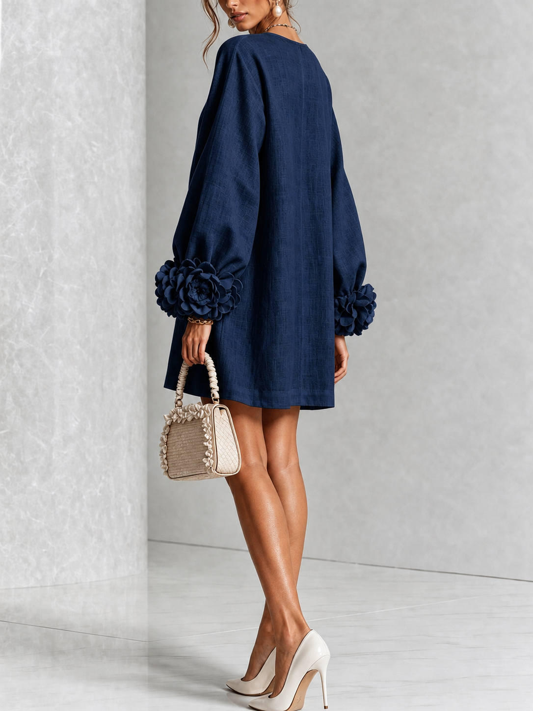 Gwen | Navy Long-Sleeve Floral Button-Down Mini Dress with Floral Cuffs