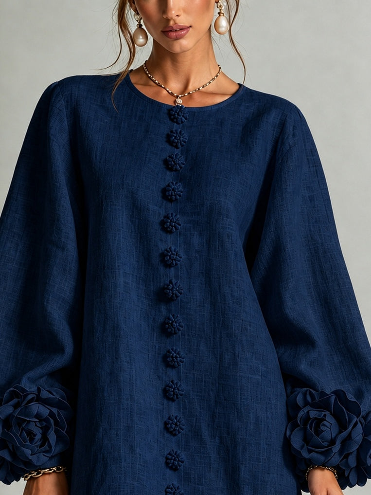 Gwen | Navy Long-Sleeve Floral Button-Down Mini Dress with Floral Cuffs