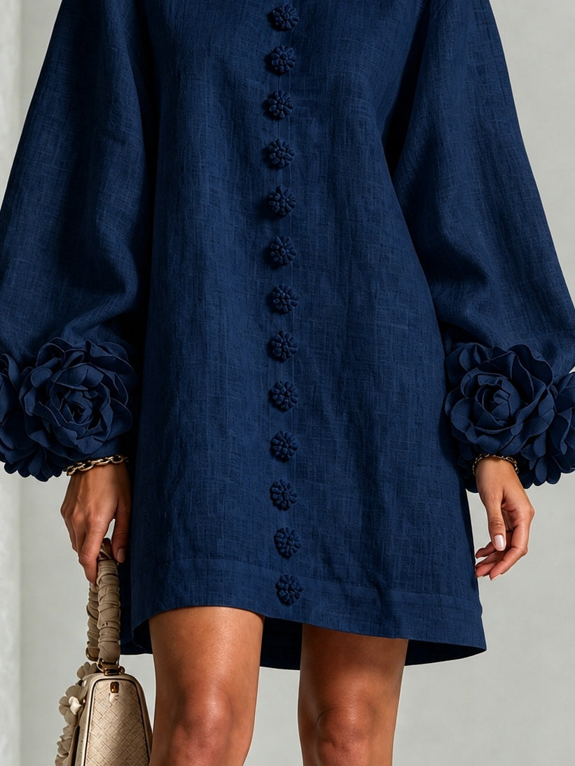 Gwen | Navy Long-Sleeve Floral Button-Down Mini Dress with Floral Cuffs