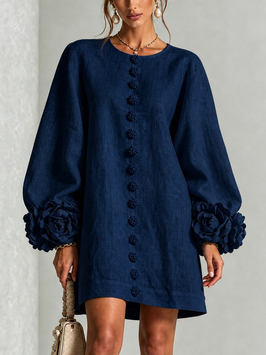 Gwen | Navy Long-Sleeve Floral Button-Down Mini Dress with Floral Cuffs