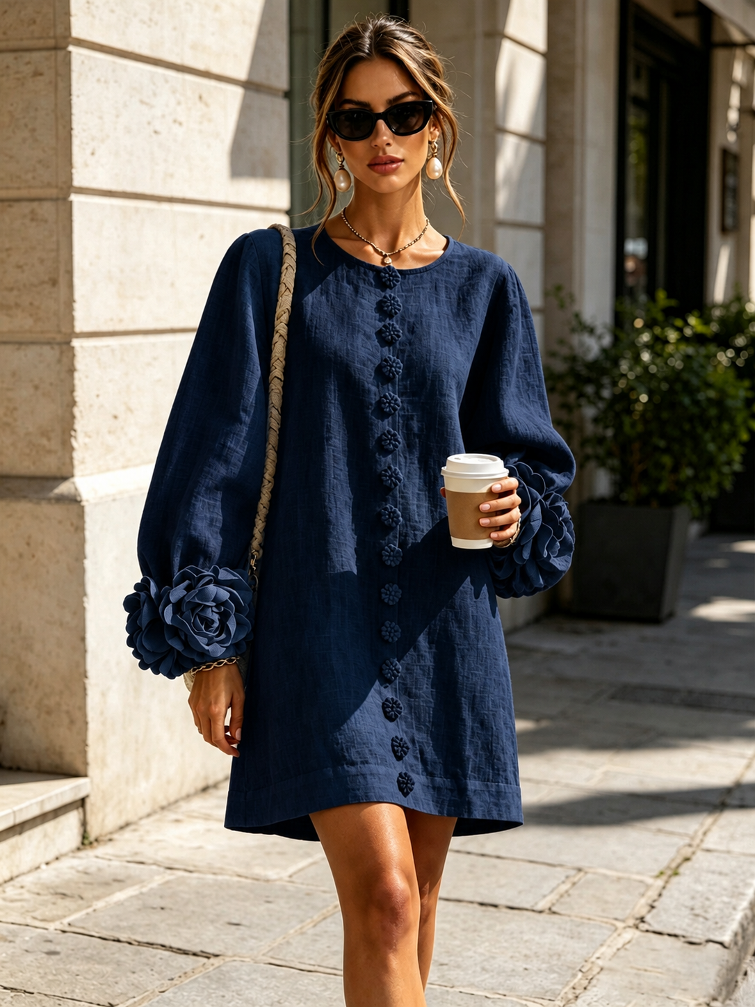 Gwen | Navy Long-Sleeve Floral Button-Down Mini Dress with Floral Cuffs