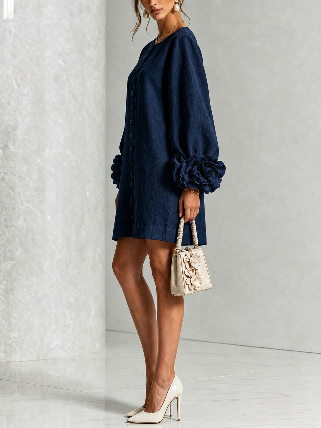 Gwen | Navy Long-Sleeve Floral Button-Down Mini Dress with Floral Cuffs