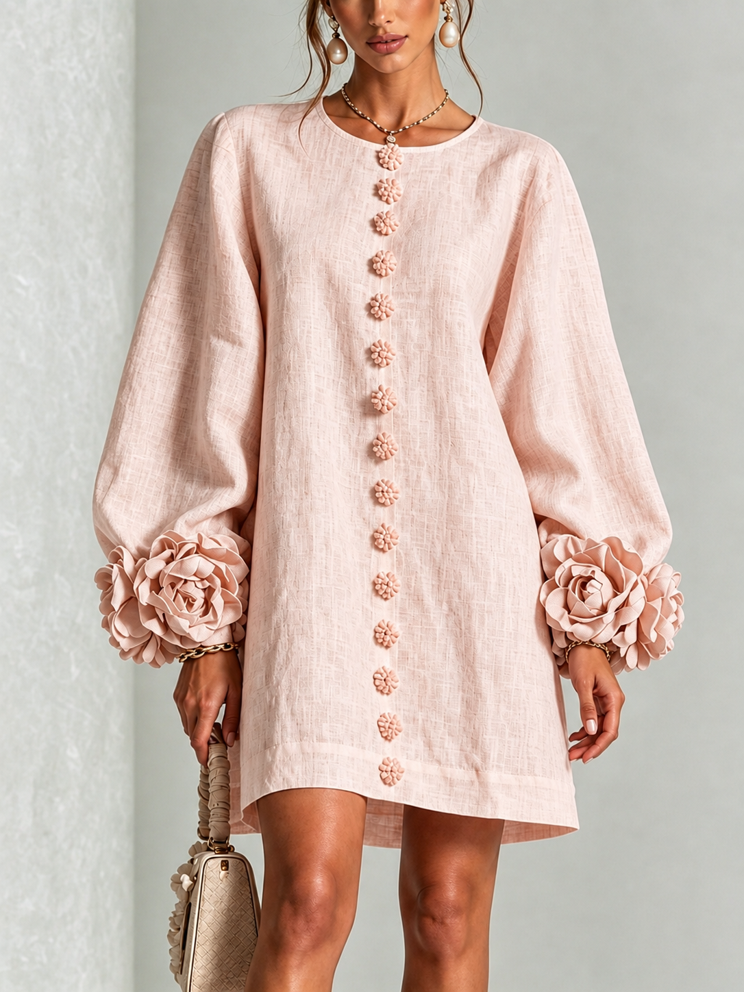 Gwen | Pink Long-Sleeve Floral Button-Down Mini Dress with Floral Cuffs