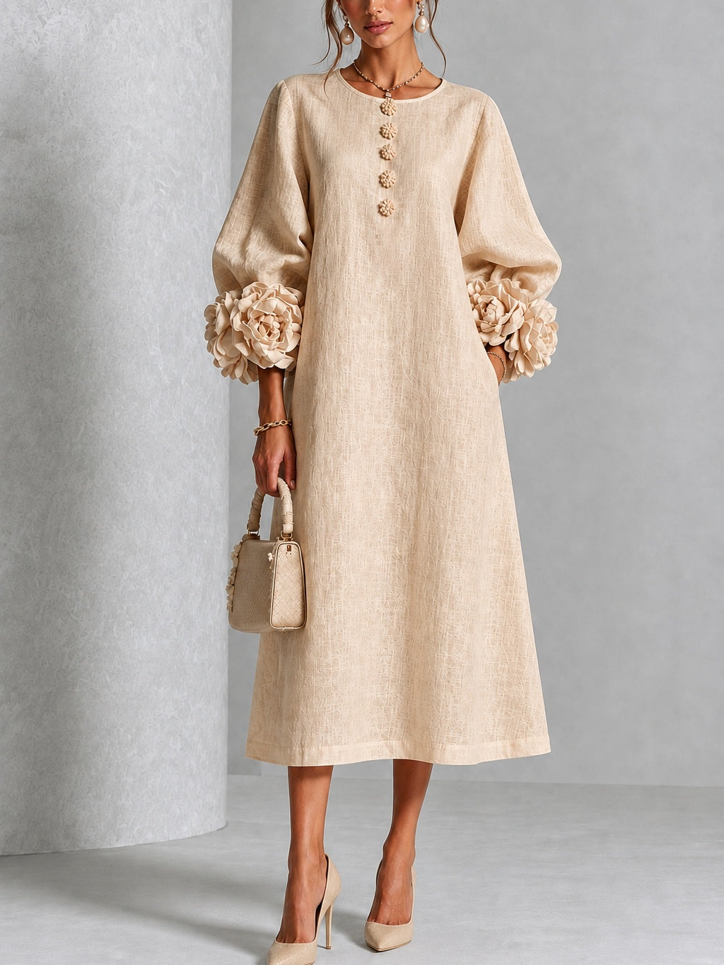 Pearl | Beige Floral Button-Down Midi Dress with Floral Cuffs