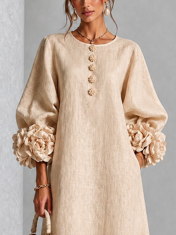 Pearl | Beige Floral Button-Down Midi Dress with Floral Cuffs