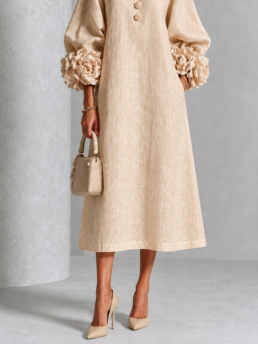 Pearl | Beige Floral Button-Down Midi Dress with Floral Cuffs