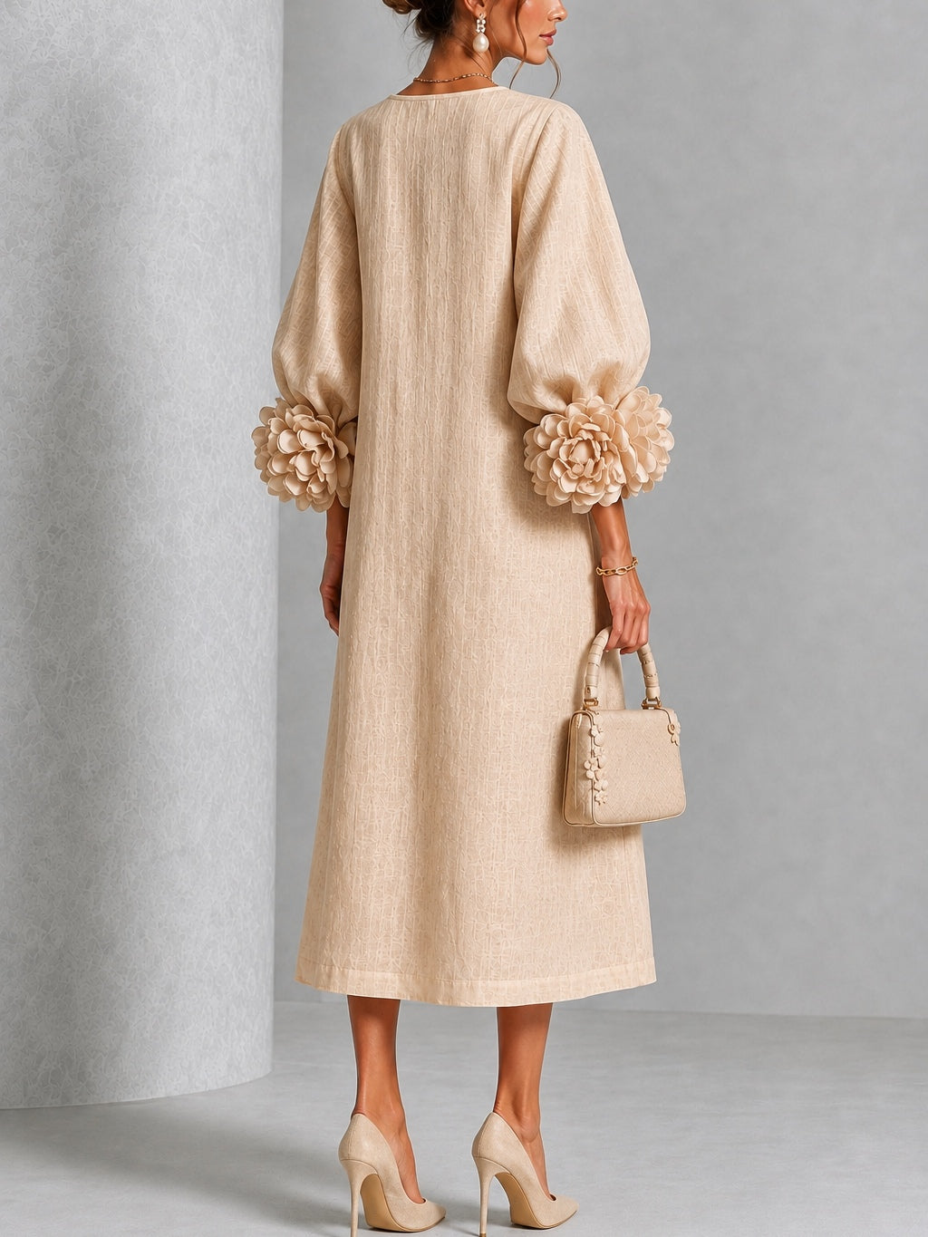Pearl | Beige Floral Button-Down Midi Dress with Floral Cuffs
