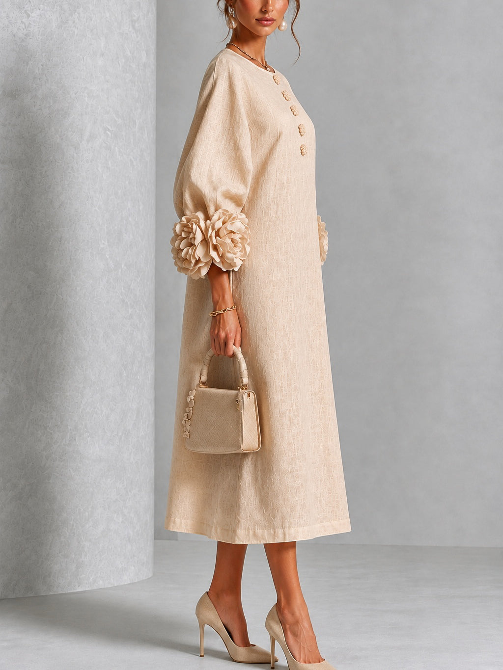 Pearl | Beige Floral Button-Down Midi Dress with Floral Cuffs