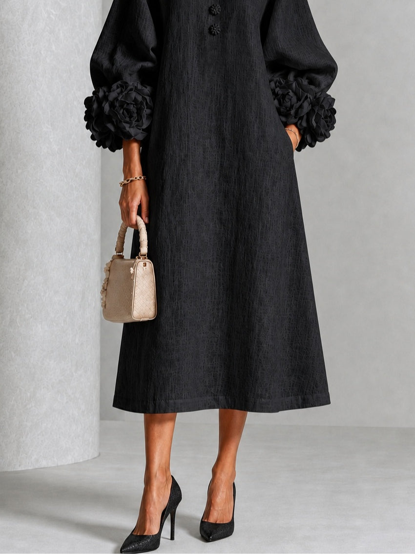 Pearl | Black Floral Button-Down Midi Dress with Floral Cuffs