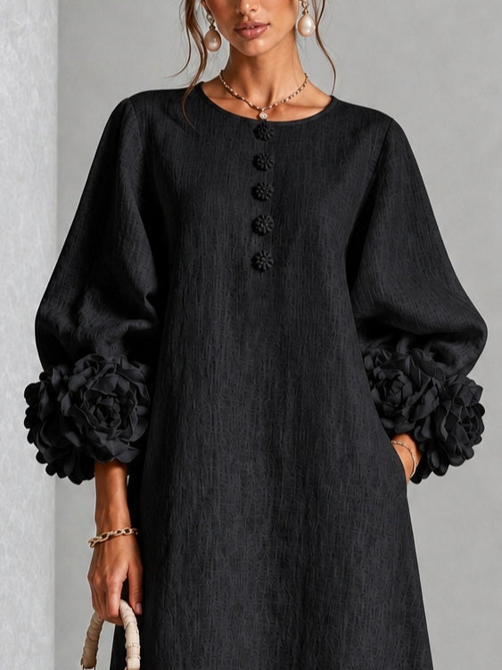 Pearl | Black Floral Button-Down Midi Dress with Floral Cuffs