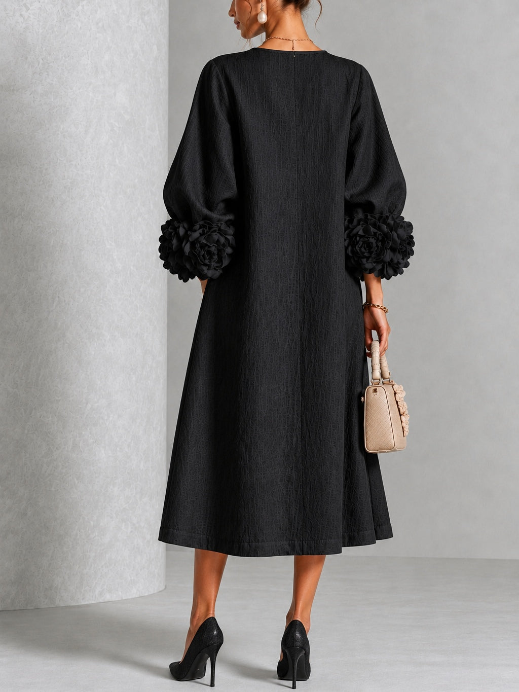 Pearl | Black Floral Button-Down Midi Dress with Floral Cuffs