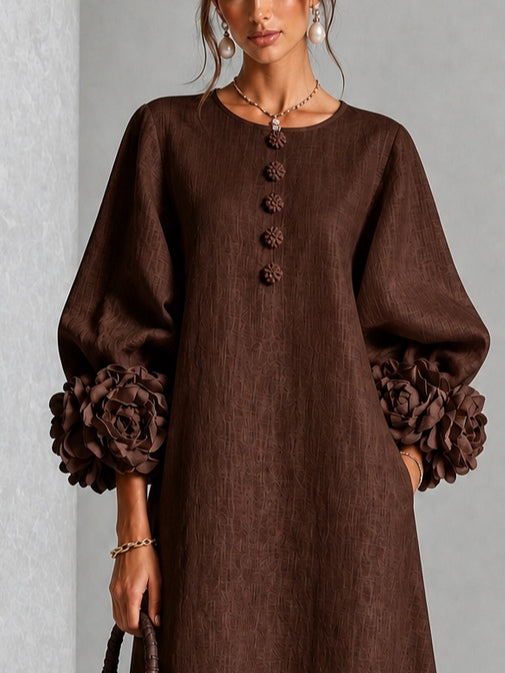 Pearl | Chocolate Brown Floral Button-Down Midi Dress with Floral Cuffs