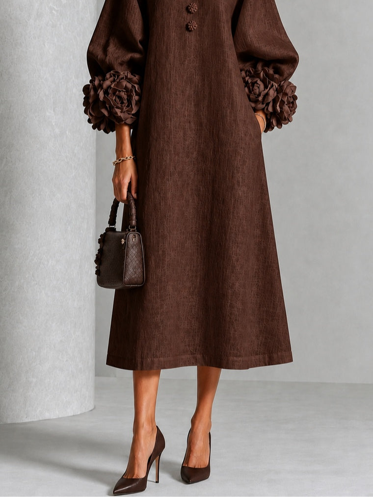 Pearl | Chocolate Brown Floral Button-Down Midi Dress with Floral Cuffs