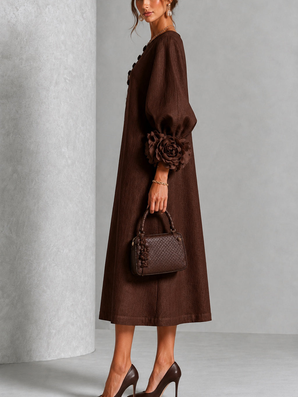 Pearl | Chocolate Brown Floral Button-Down Midi Dress with Floral Cuffs