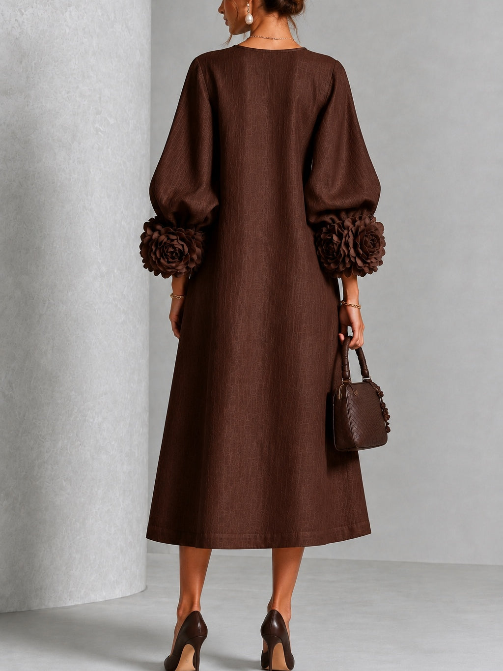 Pearl | Chocolate Brown Floral Button-Down Midi Dress with Floral Cuffs