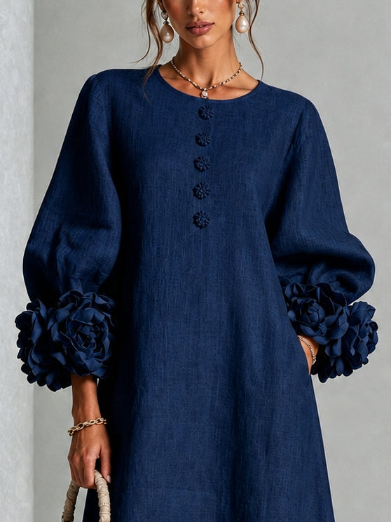 Pearl | Navy Floral Button-Down Midi Dress with Floral Cuffs
