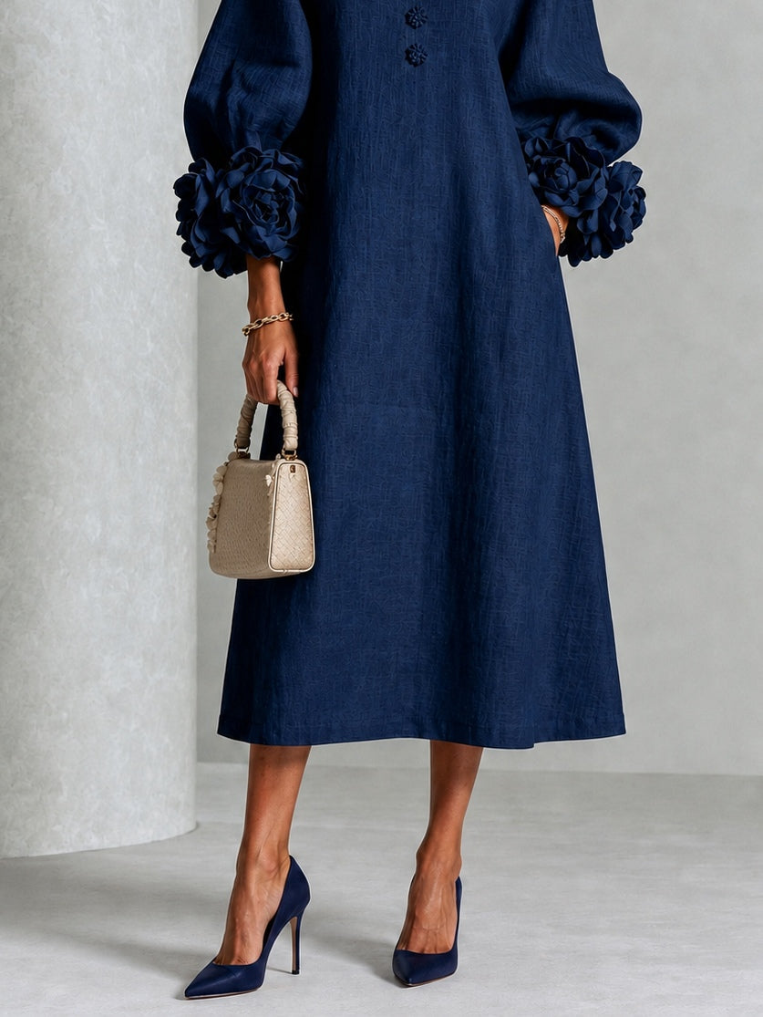 Pearl | Navy Floral Button-Down Midi Dress with Floral Cuffs