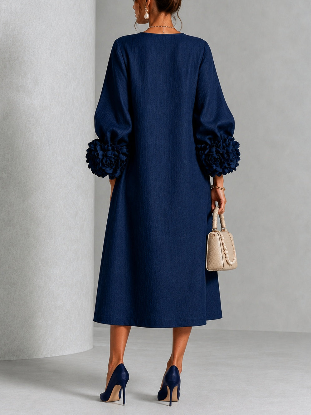 Pearl | Navy Floral Button-Down Midi Dress with Floral Cuffs