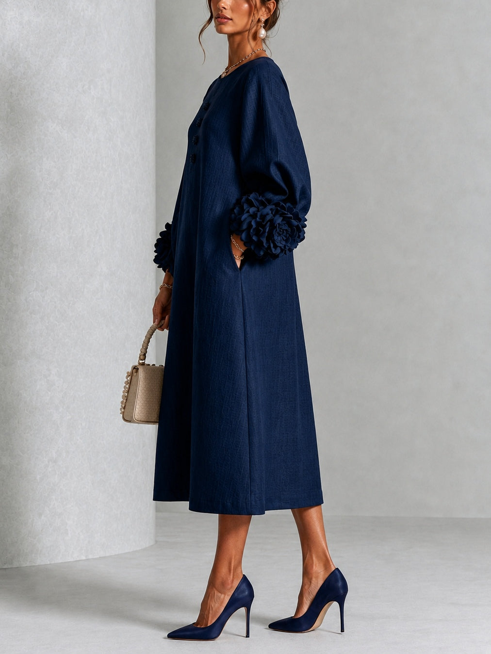 Pearl | Navy Floral Button-Down Midi Dress with Floral Cuffs
