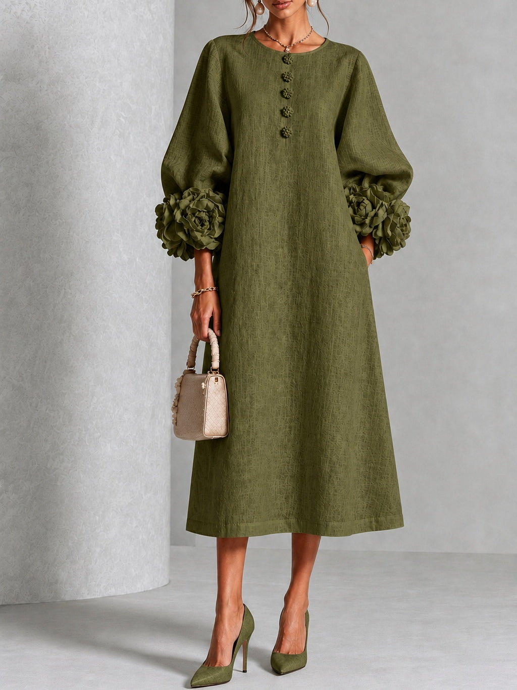 Pearl | Olive Floral Button-Down Midi Dress with Floral Cuffs