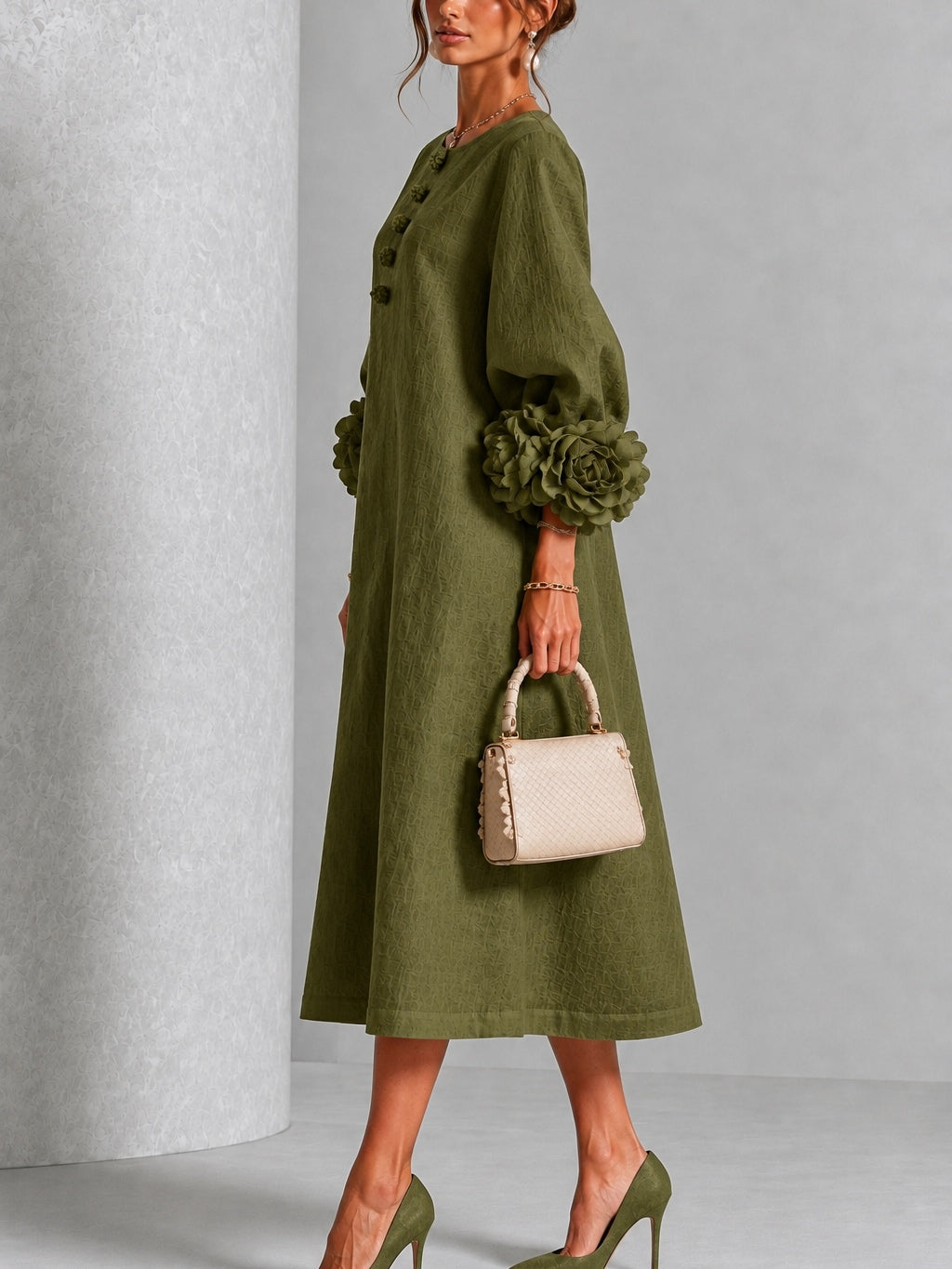 Pearl | Olive Floral Button-Down Midi Dress with Floral Cuffs