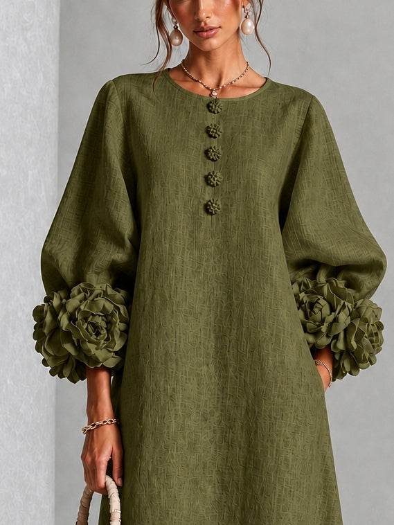 Pearl | Olive Floral Button-Down Midi Dress with Floral Cuffs