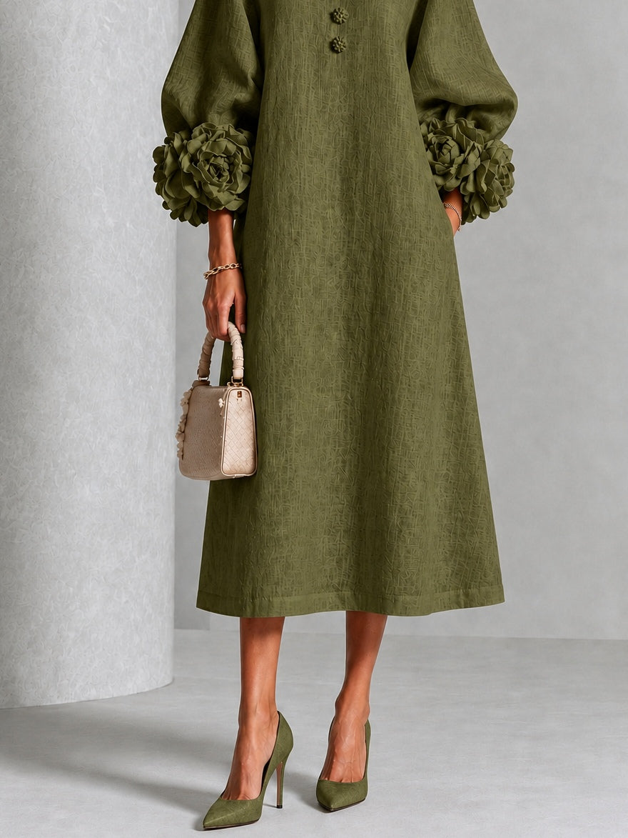 Pearl | Olive Floral Button-Down Midi Dress with Floral Cuffs