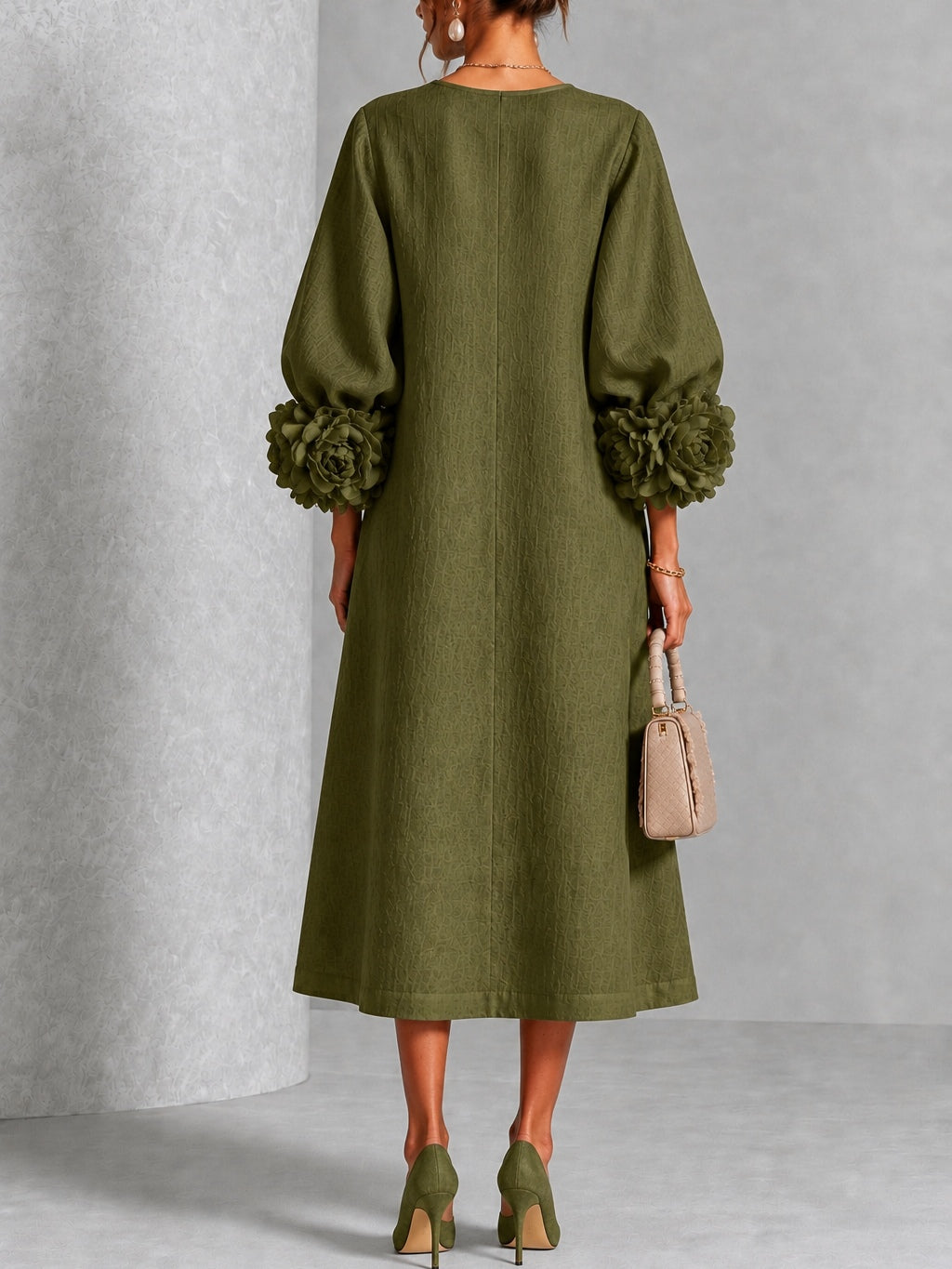 Pearl | Olive Floral Button-Down Midi Dress with Floral Cuffs