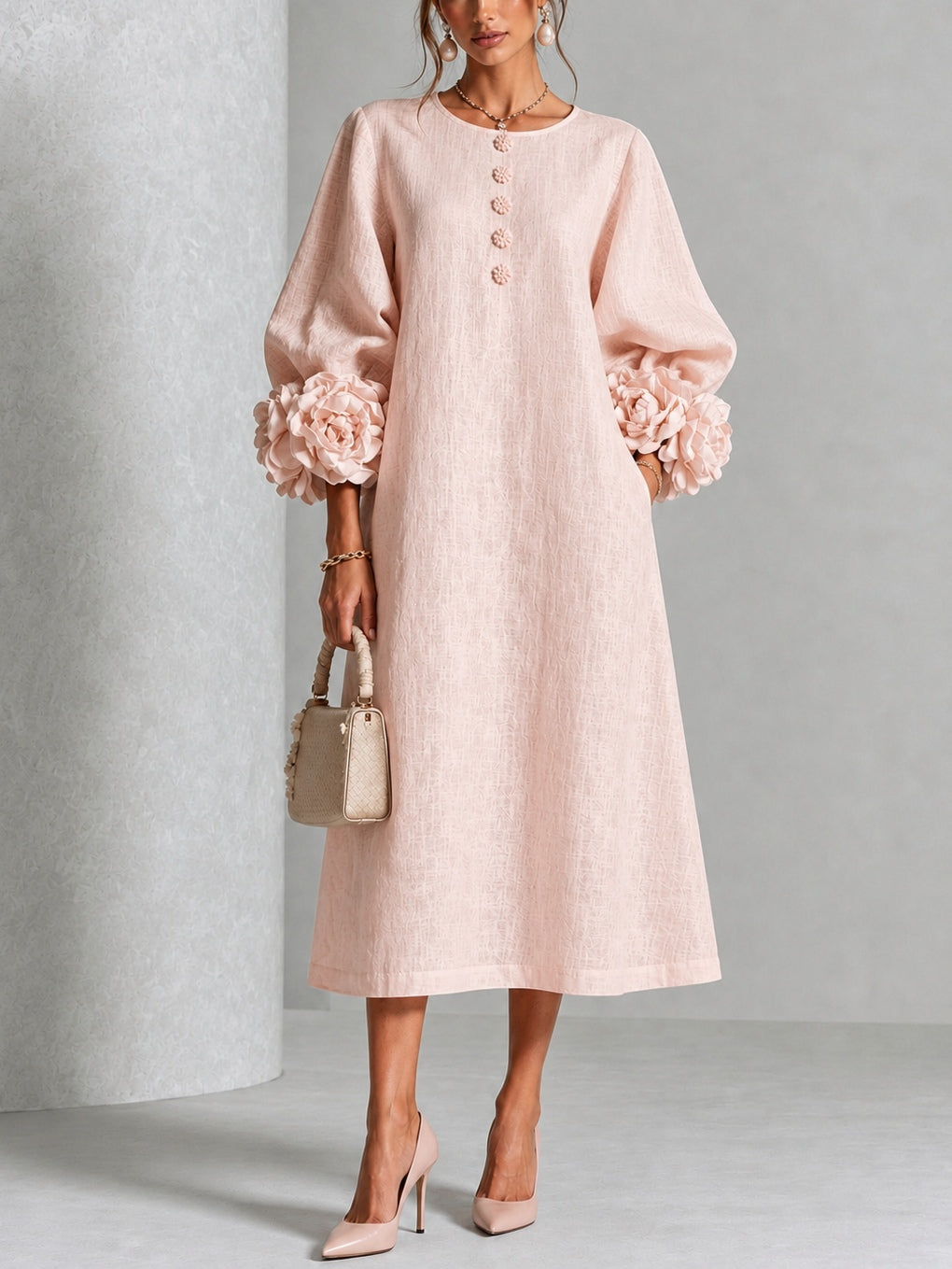 Pearl | Pink Floral Button-Down Midi Dress with Floral Cuffs
