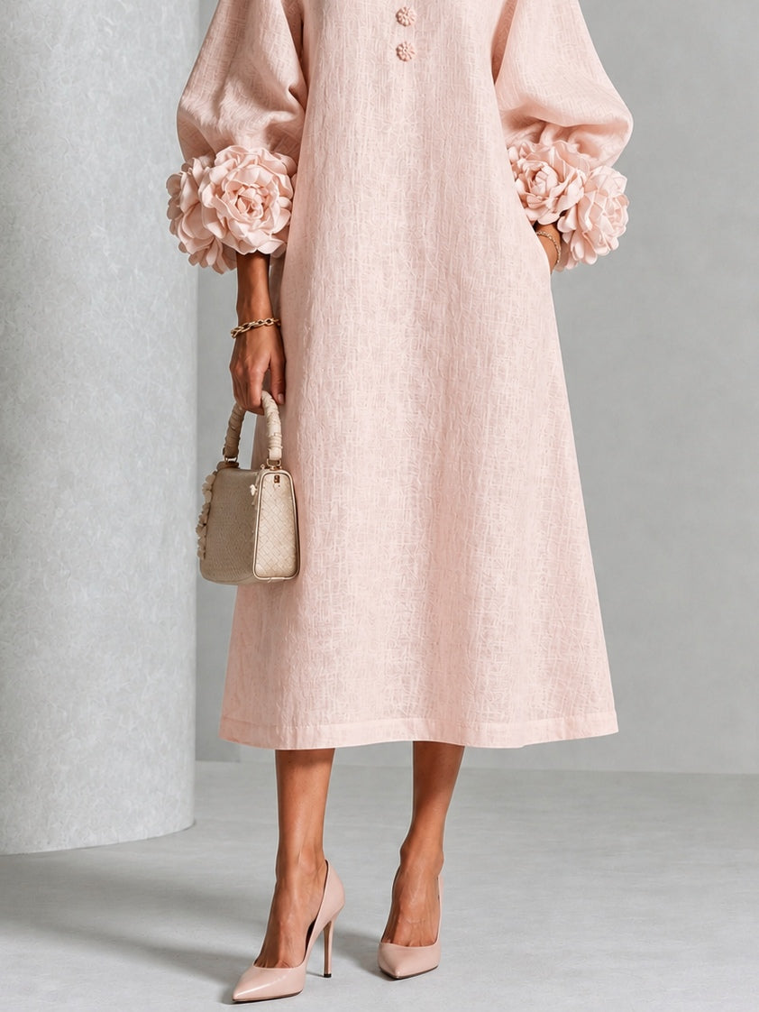 Pearl | Pink Floral Button-Down Midi Dress with Floral Cuffs