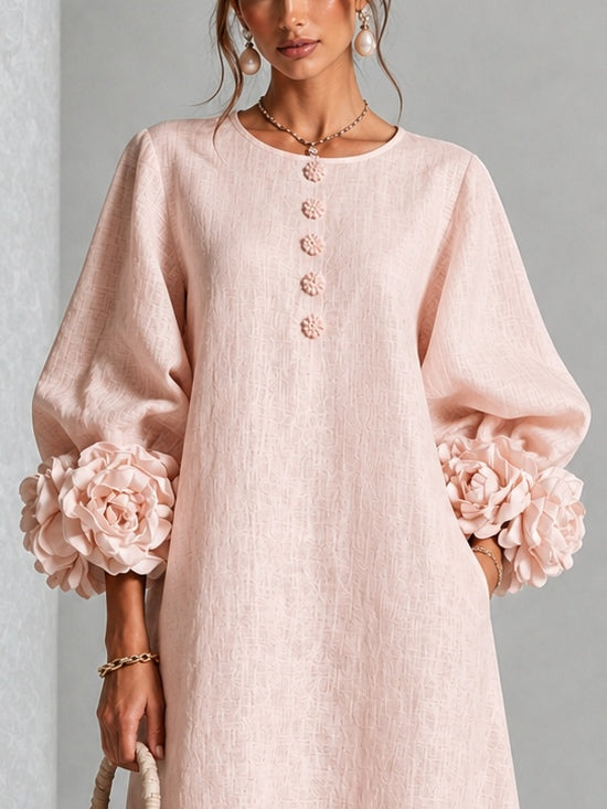 Pearl | Pink Floral Button-Down Midi Dress with Floral Cuffs