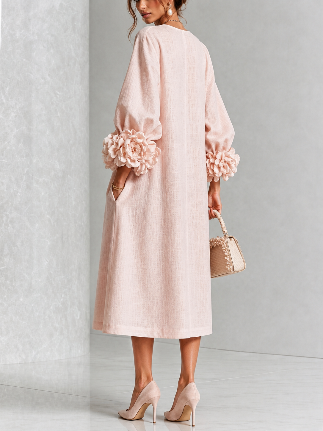 Pearl | Pink Floral Button-Down Midi Dress with Floral Cuffs
