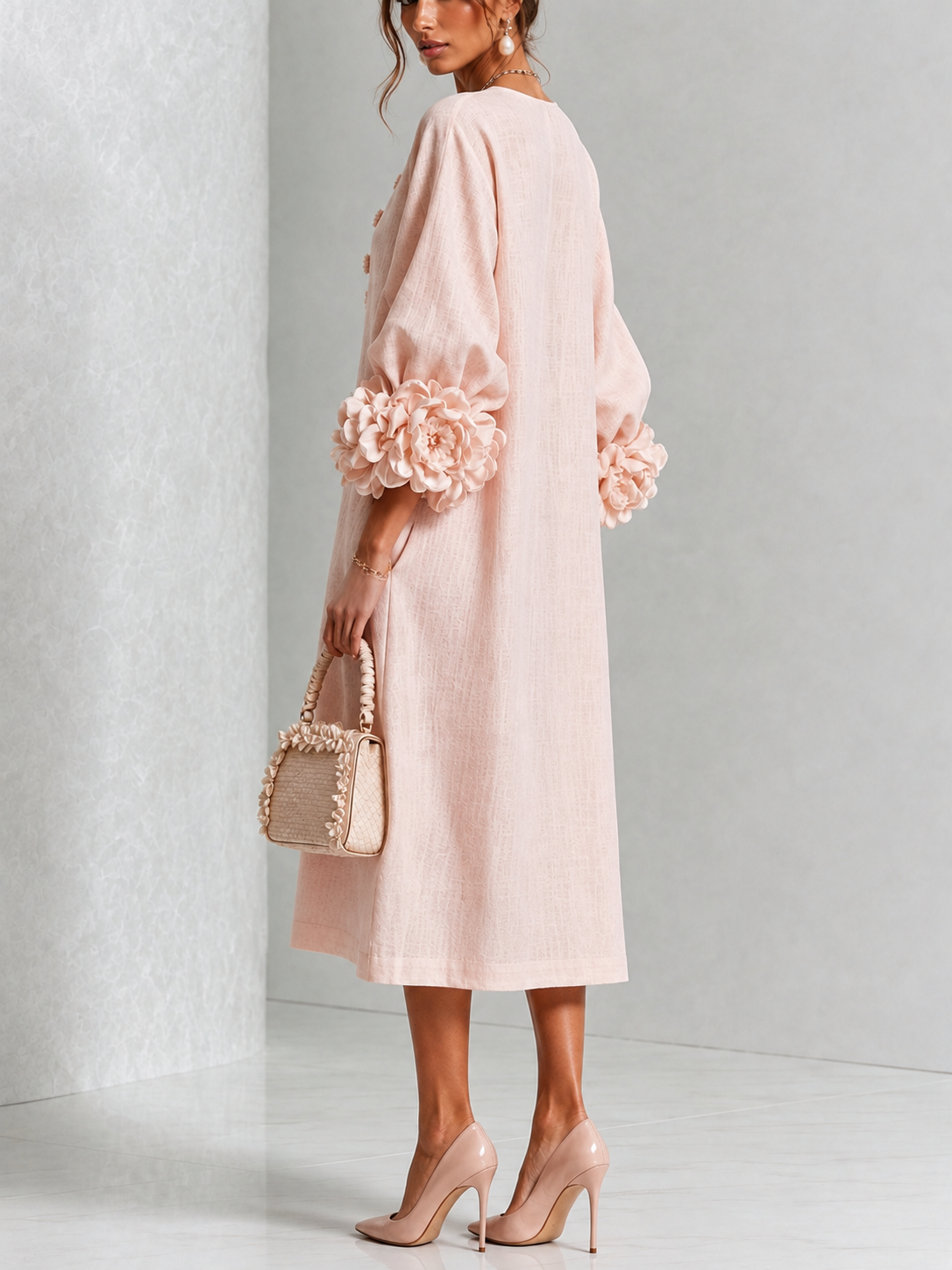 Pearl | Pink Floral Button-Down Midi Dress with Floral Cuffs