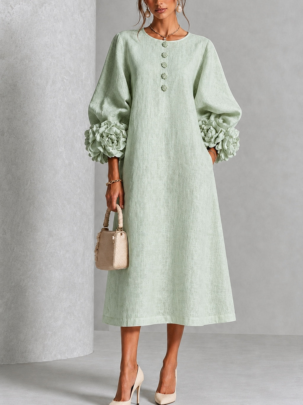 Pearl | Sage Mist Floral Button-Down Midi Dress with Floral Cuffs