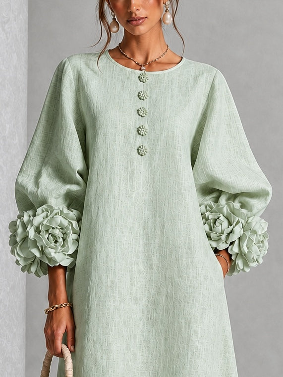 Pearl | Sage Mist Floral Button-Down Midi Dress with Floral Cuffs