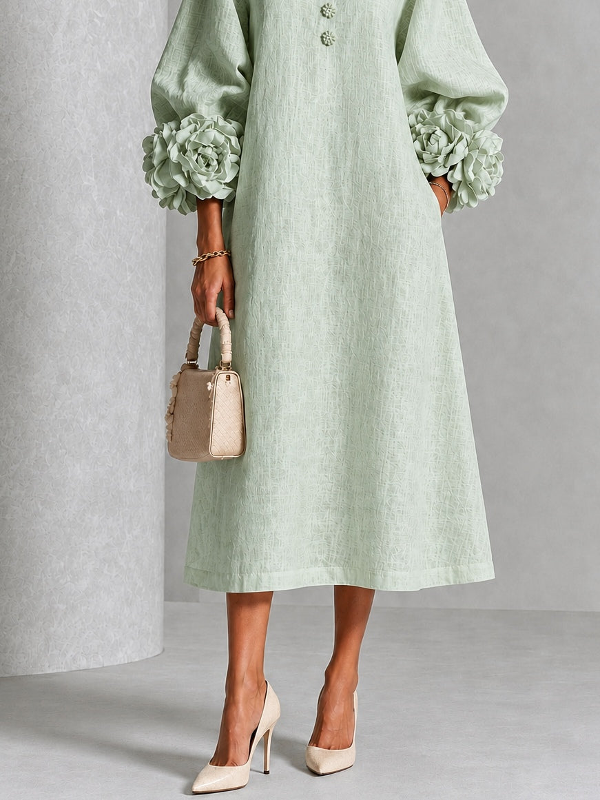 Pearl | Sage Mist Floral Button-Down Midi Dress with Floral Cuffs