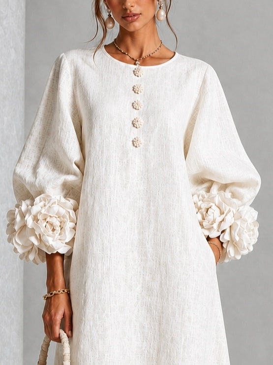 Pearl | White Floral Button-Down Midi Dress with Floral Cuffs