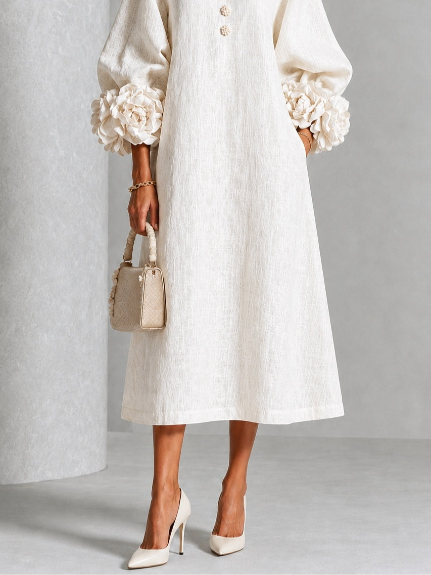 Pearl | White Floral Button-Down Midi Dress with Floral Cuffs