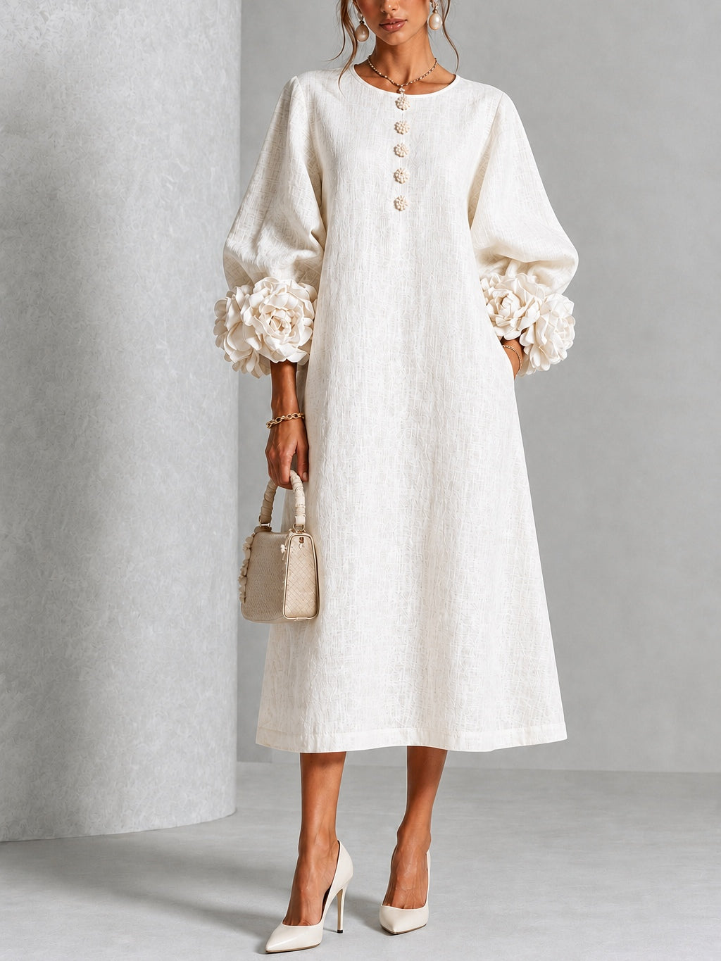 Pearl | White Floral Button-Down Midi Dress with Floral Cuffs