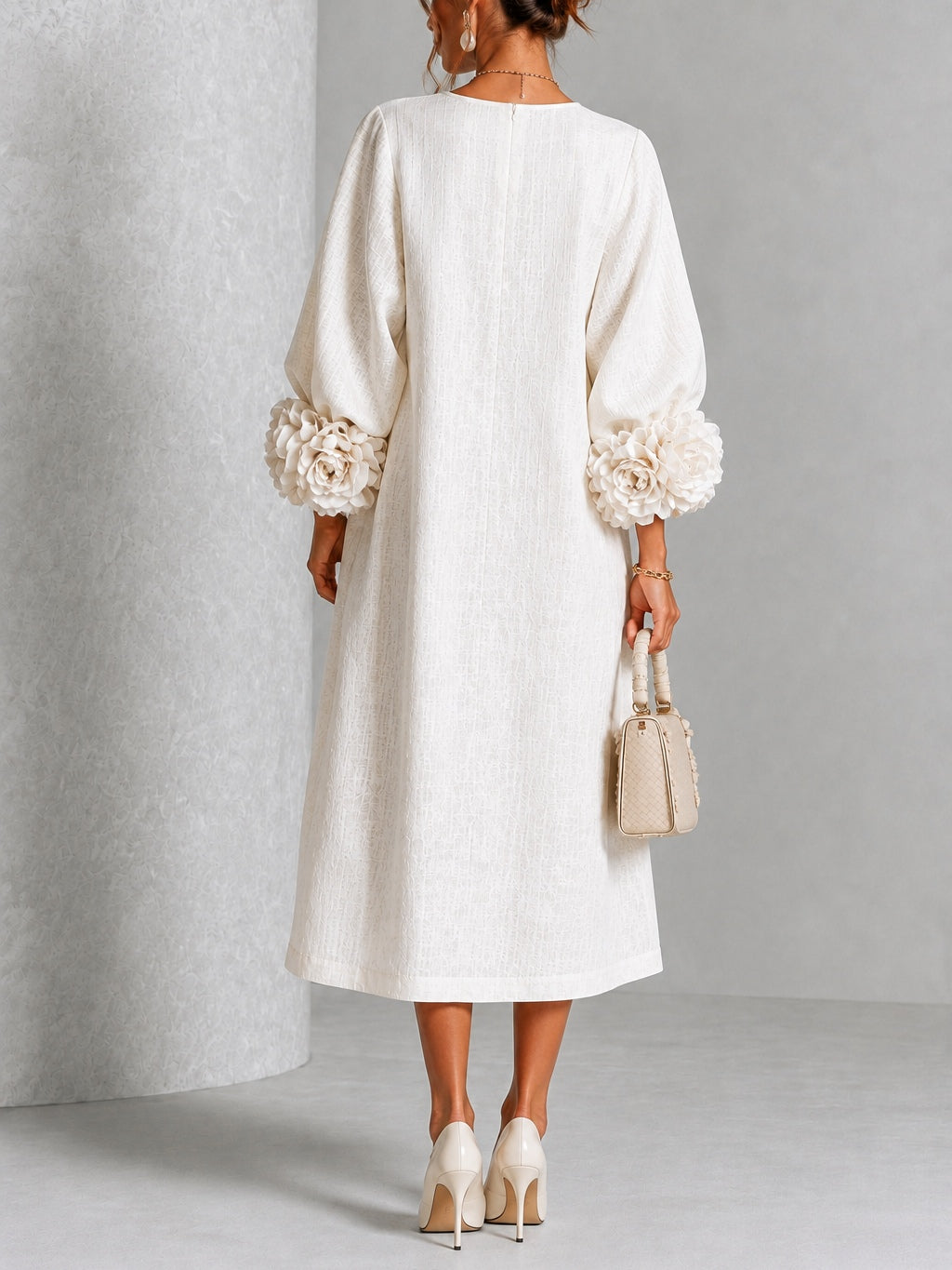 Pearl | White Floral Button-Down Midi Dress with Floral Cuffs