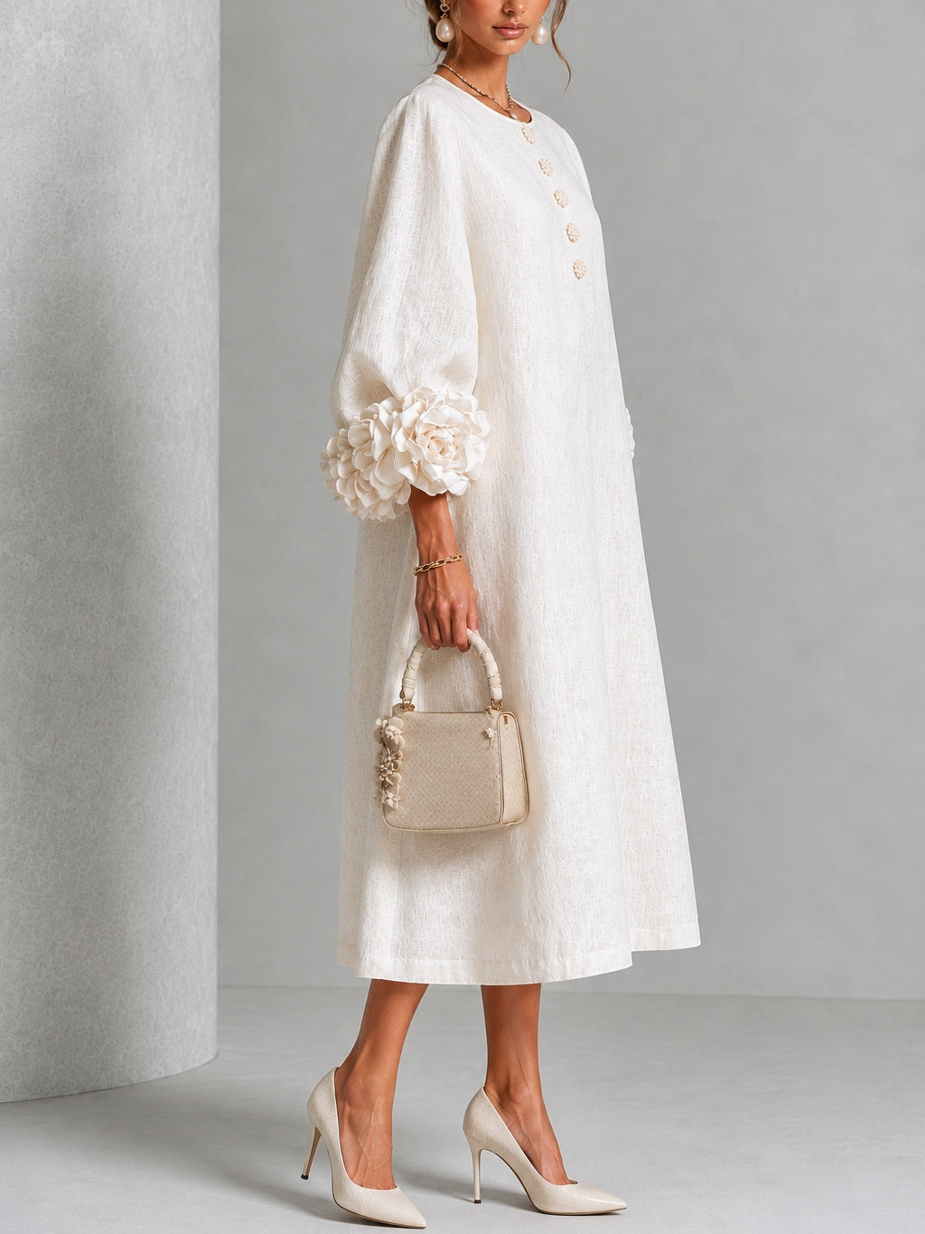 Pearl | White Floral Button-Down Midi Dress with Floral Cuffs