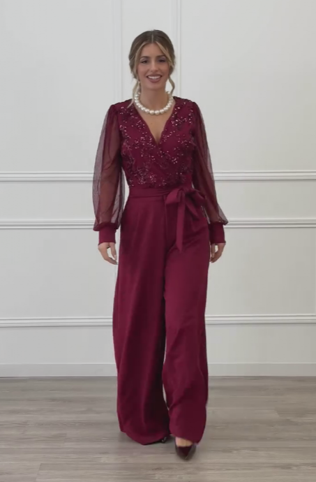 Meira Embellished Mesh Long-Sleeve Jumpsuit in Burgundy