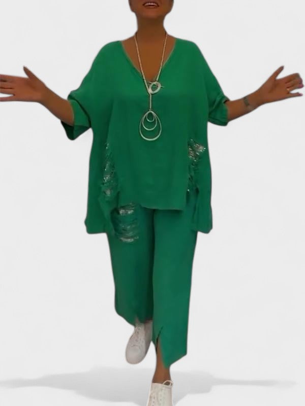 Raisa V-Neck Two-Piece Summer Set in Green