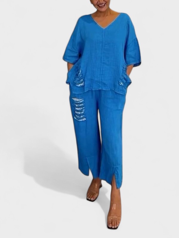 Raisa V-Neck Two-Piece Summer Set in Blue