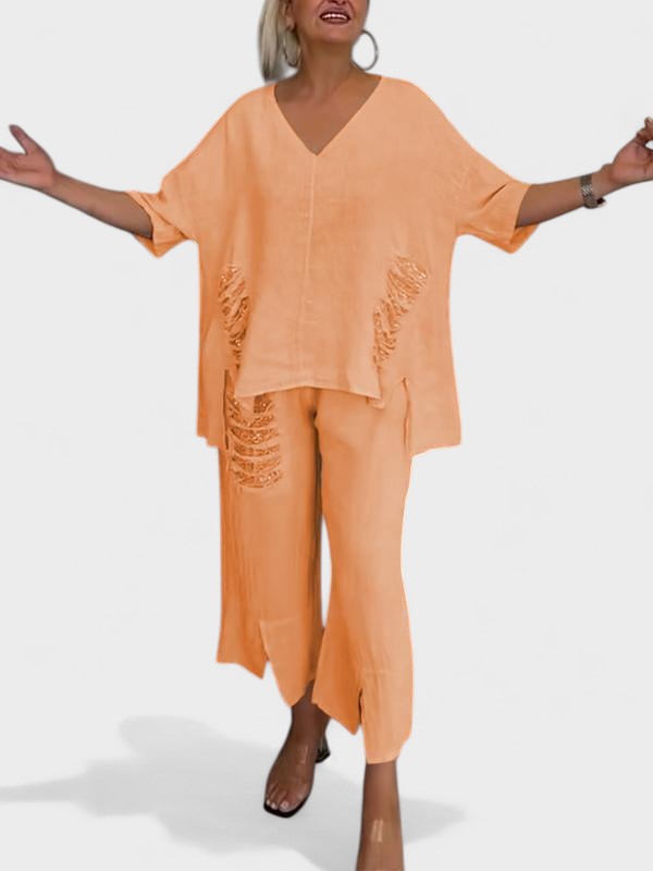 Raisa V-Neck Two-Piece Summer Set in Orange