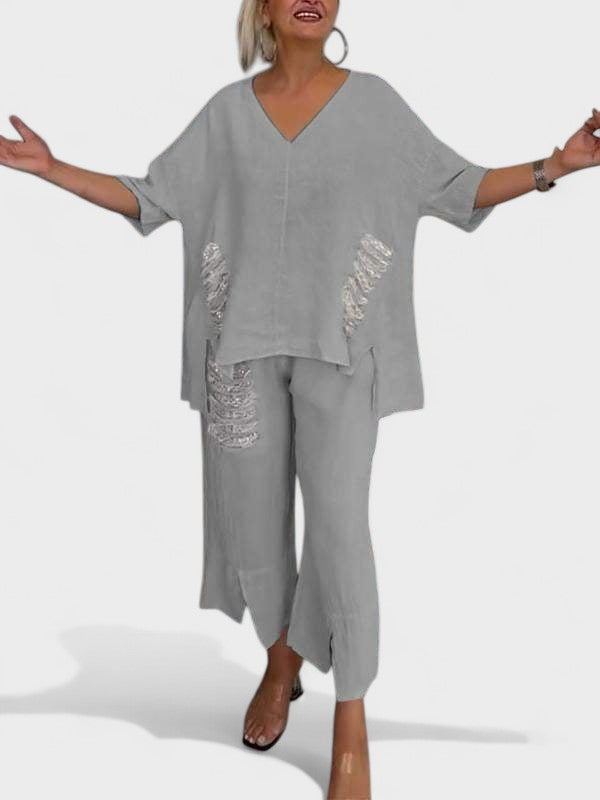 Raisa V-Neck Two-Piece Summer Set in Grey