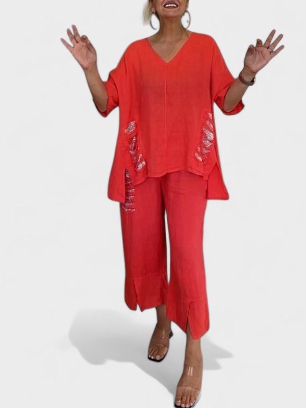 Raisa V-Neck Two-Piece Summer Set in Red
